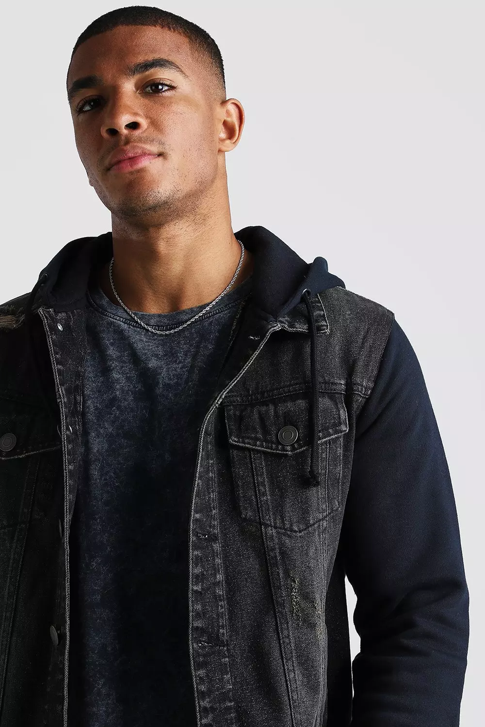 Denim jacket shop with hood